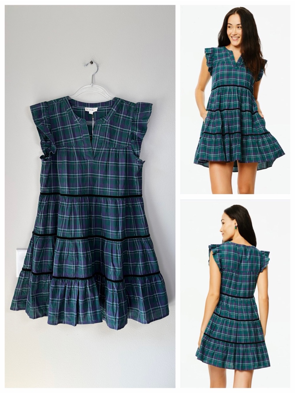 Roller Rabbit Green Inverness Plaid Pippa Dress with Flutter Sleeves